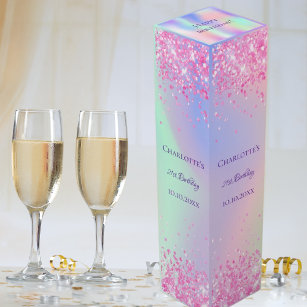 Birthday party pink purple glitter holographic wine box