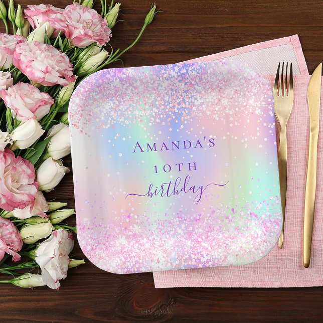 Birthday party pink purple holographic paper plate (Creator Uploaded)