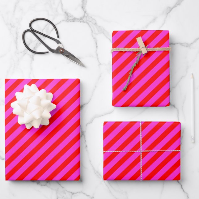 Birthday party pink red stripes wrapping paper sheet (Front)