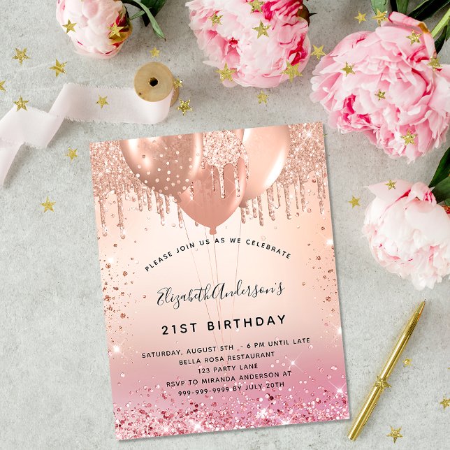 Birthday party pink rose gold budget invitation flyer (Creator Uploaded)