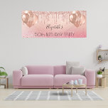 Birthday party pink rose gold glitter balloons banner<br><div class="desc">For an elegant 50th (or any age) birthday party. A blush pink,  rose gold gradient background. Decorated with faux glitter drips,  paint dripping look,  and balloons.  Personalize and add the name and age 50. Perfect both as a welcome  banner or as party decor.</div>