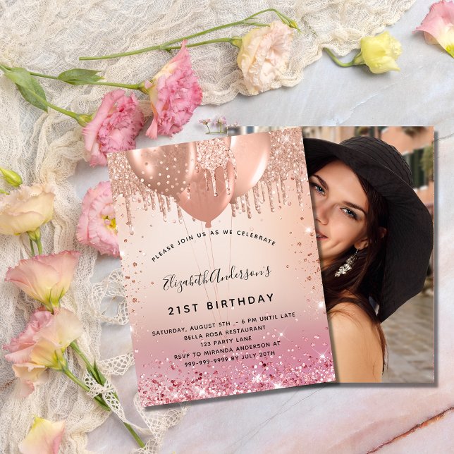 Birthday party pink rose photo budget invitation flyer (Creator Uploaded)