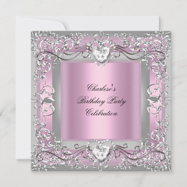 Birthday Party Pink Silver Diamond Invitation (Front)