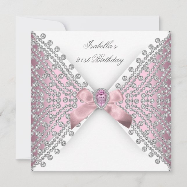 Birthday Party Pink Silver White Diamond Invitation (Front)