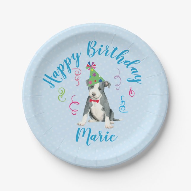 Birthday Party Pit Bull Terrier Paper Plate (Front)
