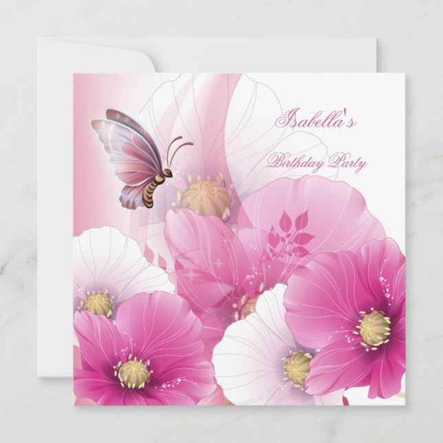Birthday Party Pretty Floral Pink White Butterfly Invitation (Front)