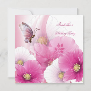 Birthday Party Pretty Floral Pink White Butterfly Invitation