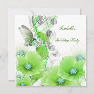 Birthday Party Pretty Green Floral White Butterfly Invitation