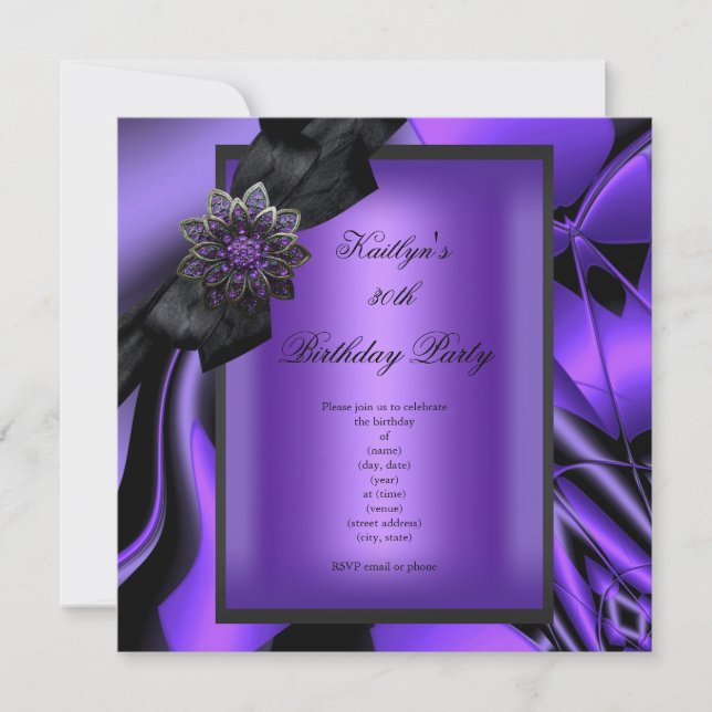 Birthday Party Purple Abstract Jewel Black Bow Invitation (Front)