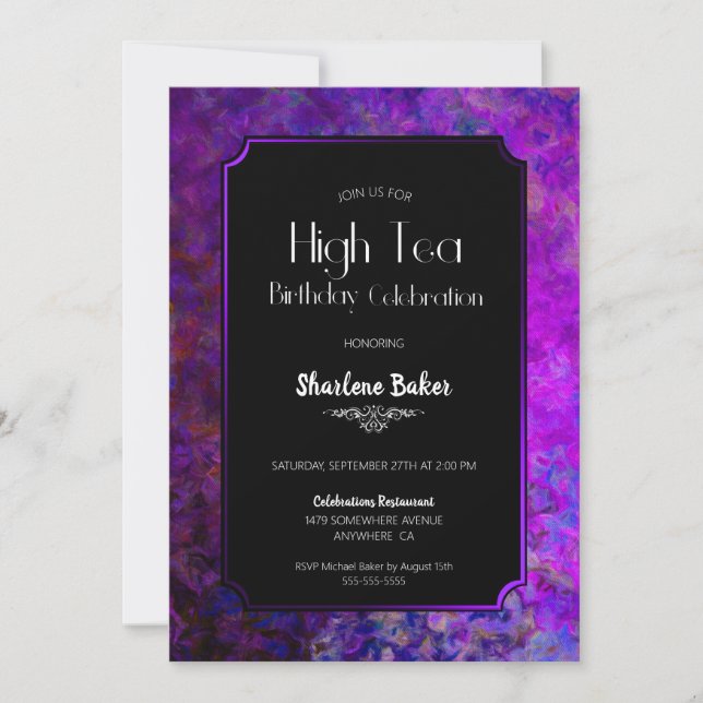 Birthday Party Purple and Black High Tea Invitation (Front)