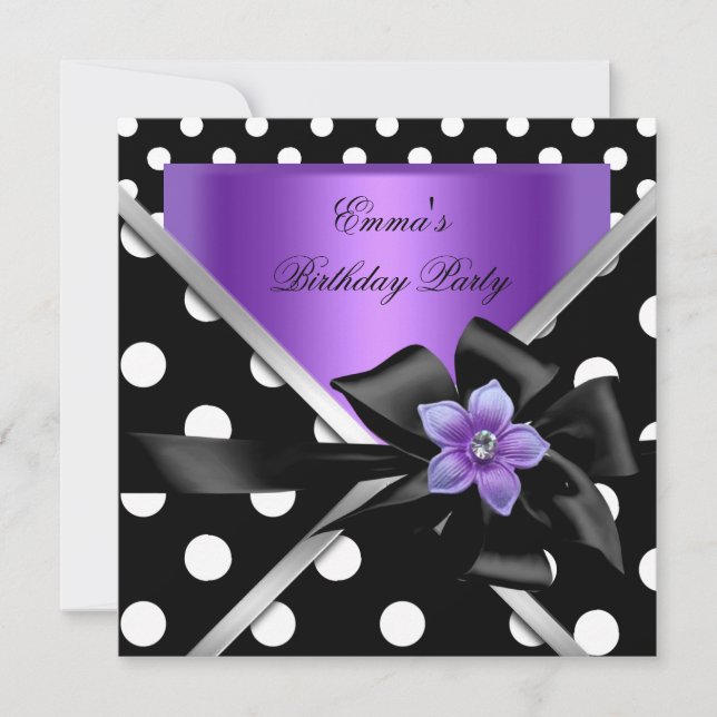 Birthday Party Purple Black Polka Dots Invitation (Front)
