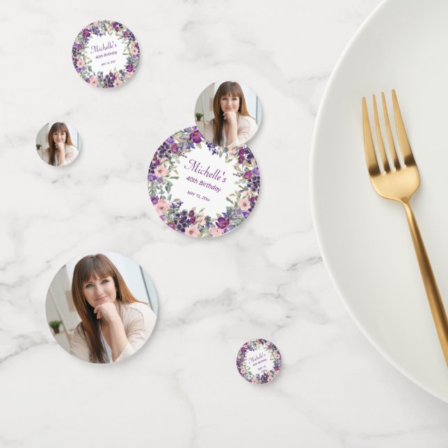 Birthday Party Purple Blush Pink Floral Photo Confetti (Group)