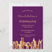 Birthday party purple gold city skyline