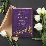 Birthday party purple gold music notes invitation<br><div class="desc">A trendy,  modern 50th or any age birthday party invitation card for her,  women.  A classic dark purple background,  with faux gold  frame and music notes,  golden coloured letters. The purple colour is uneven. Templates for a name,  age and your party information.  Back: Purple colour faux gold music notes.</div>