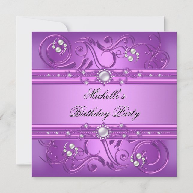 Birthday Party Purple Pink Pearl Jewel floral Invitation (Front)
