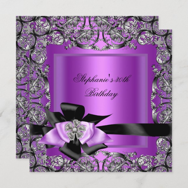 Birthday Party Purple Silver Black Bow Invitation (Front/Back)