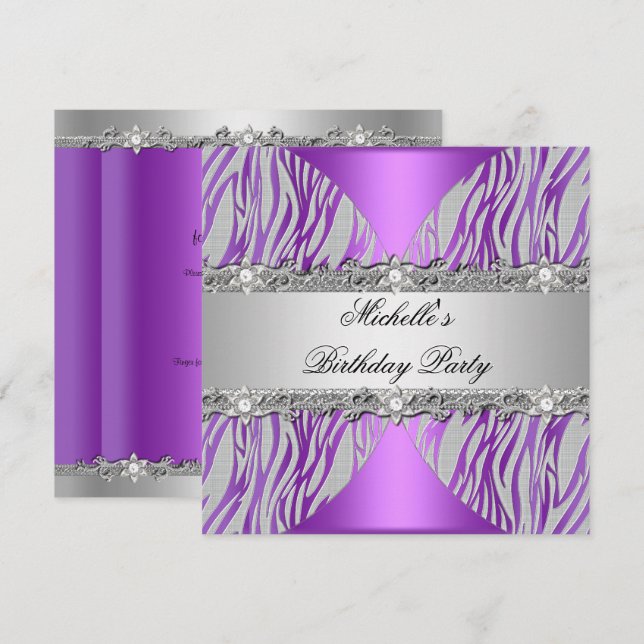 Birthday Party Purple Silver Grey Pearl Diamond Invitation (Front/Back)