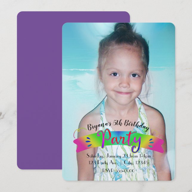 Birthday PARTY Rainbow Colour Photo Invitation (Front/Back)