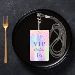 Birthday party rainbow glitter name VIP invitation Badge<br><div class="desc">For a Sweet 16,  16th (or any age) birthday party. A trendy holographic background in rainbow pastel colours in pink,  purple,  rose gold,  mint green. Decorated with faux glitter drips,  paint dripping look.  Personalize and add a name and age 16.  Purple coloured letters. 
Back: your party details.</div>