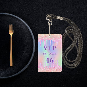 Birthday party rainbow glitter name VIP invitation Badge