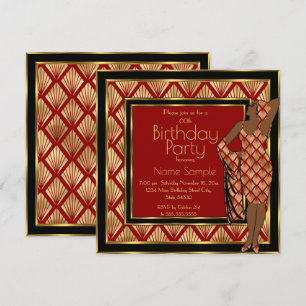 Birthday Party Red Black Gold Art Deco 1930 Lady Invitation