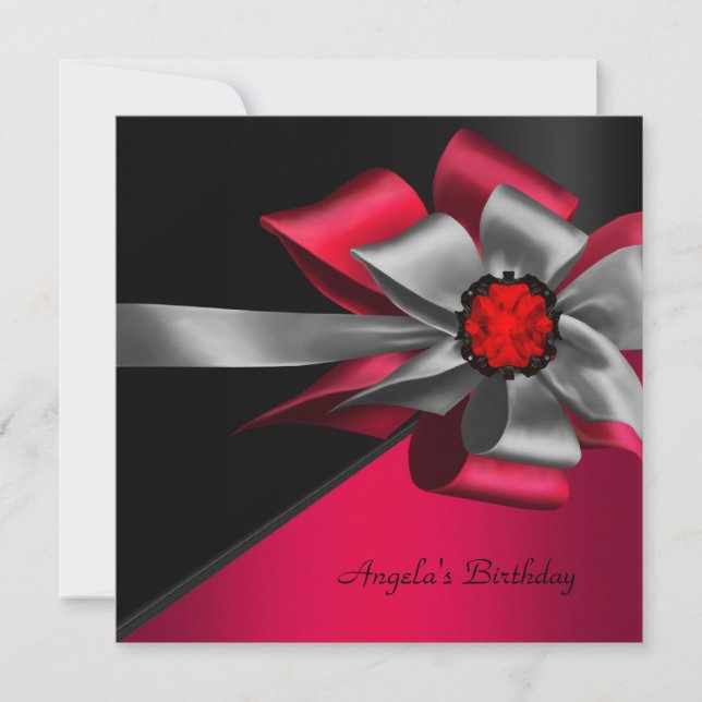Birthday Party Red Black Grey Silver Bow Jewel Invitation (Front)