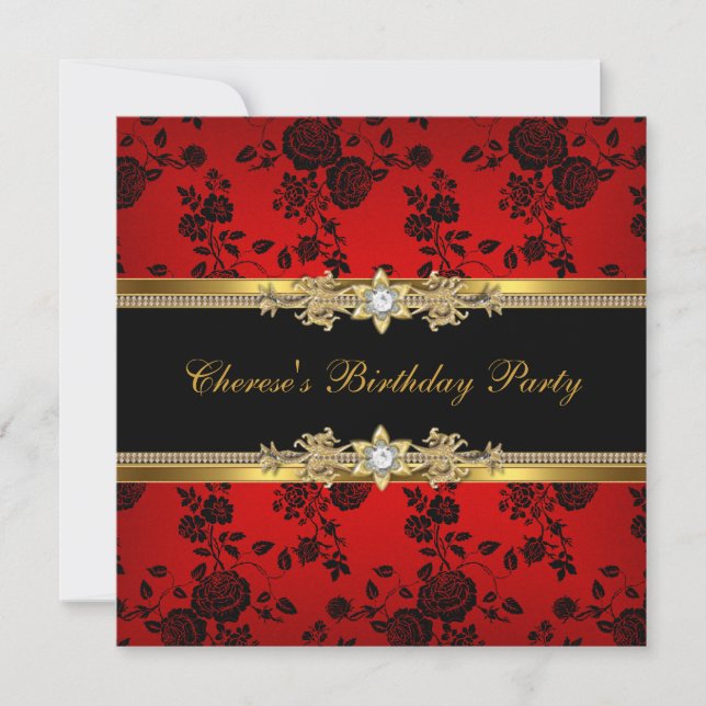 Birthday Party Red Damask Gold Black Diamond Invitation (Front)