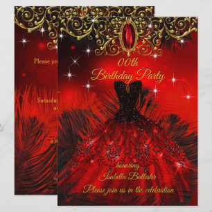 Birthday Party Red Dress Black Feathers Gold Invitation