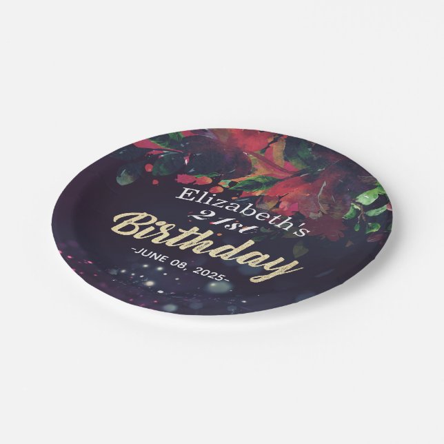 Birthday Party Red Floral Gold Script Purple Light Paper Plate (Angled)