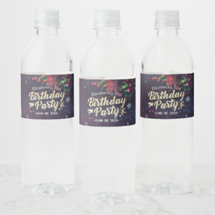 Birthday Party Red Floral Gold Script Purple Light Water Bottle Label