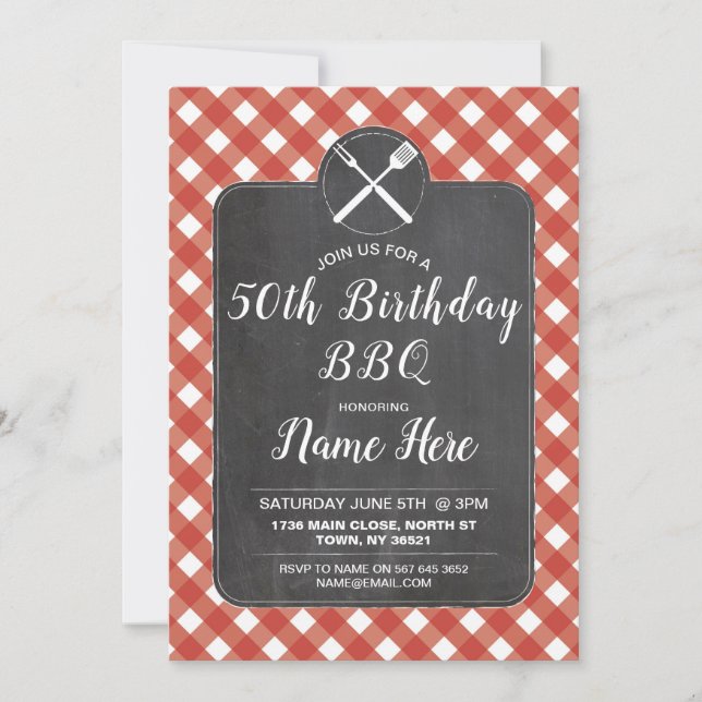 Birthday Party Red Gingham Chalk BBQ Invite (Front)