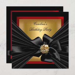 Birthday Party Red Gold Black Bow Invitation