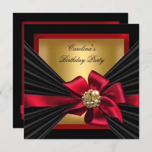 Birthday Party Red Gold Black Bow Jewel Invitation