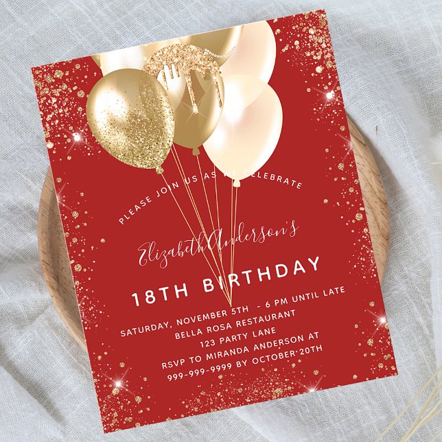 Birthday party red gold glitter balloons budget flyer (Creator Uploaded)