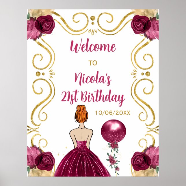 Birthday Party Red Hair Princess Dark Red Welcome Poster (Front)