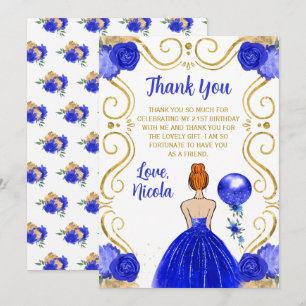 Birthday Party Red Hair Princess in Blue Thank You Card
