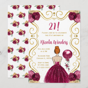 Birthday Party Red Hair Princess in Burgundy Invitation