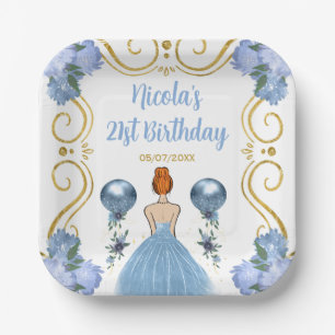 Birthday Party Red Hair Princess in Dusty Blue Paper Plate