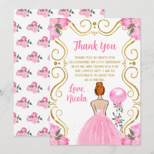 Birthday Party Red Hair Princess in Pink Thank You Card