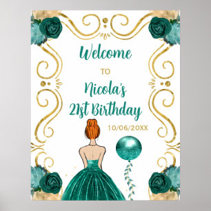 Birthday Party Red Hair Princess Teal Welcome Poster
