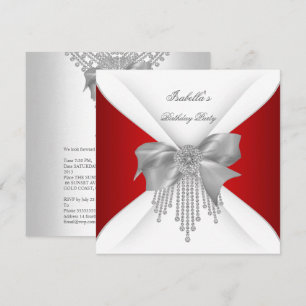 Birthday Party Red Silver White Diamond Bow Invitation
