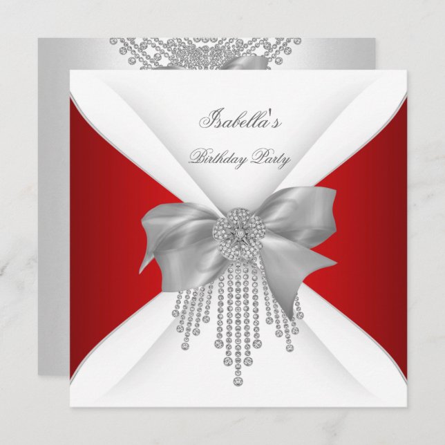 Birthday Party Red Silver White Diamond Bow Invitation (Front/Back)