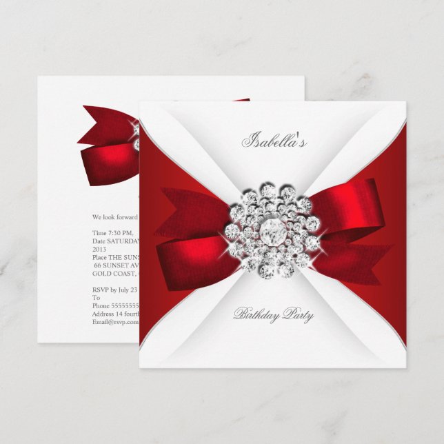 Birthday Party Red White Diamond Red Bow Invitation (Front/Back)