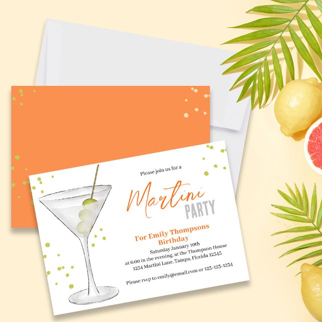 Birthday Party Retro Cool Watercolor Martini Drink Invitation (Birthday party invitation with a watercolor martini )