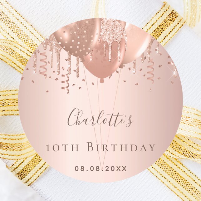 Birthday party rose gold balloons classic round sticker (Creator Uploaded)