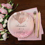 Birthday party rose gold blush pink glitter name paper plate<br><div class="desc">A stylish rose gold and blush pink background with faux glitter drips and balloons. Personalize and add a name and age.</div>