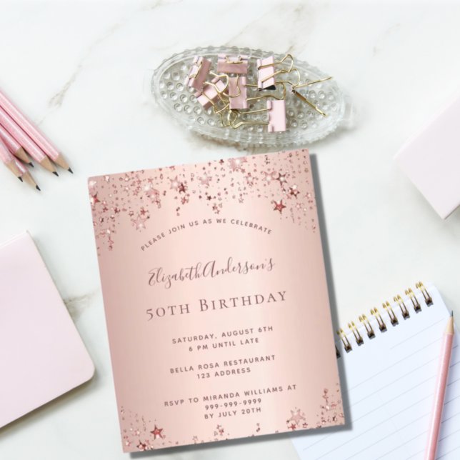 Birthday party rose gold blush stars budget flyer (Creator Uploaded)