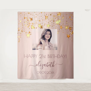 Birthday party rose gold blush stars photo name tapestry