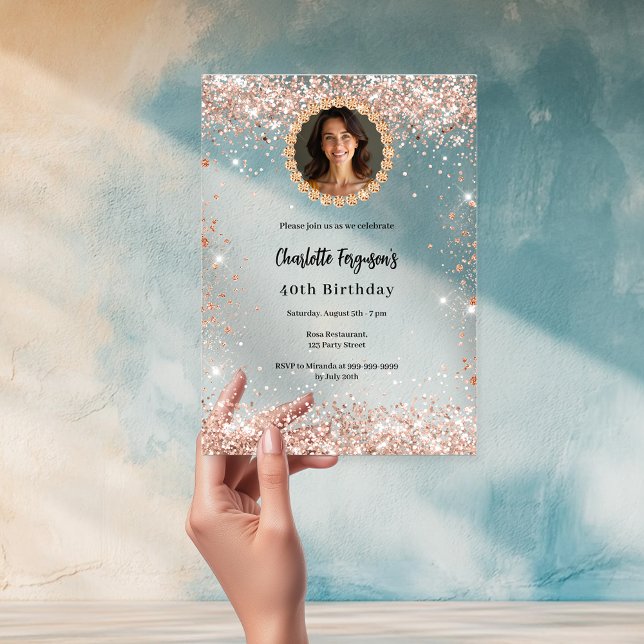Birthday party rose gold diamond photo clear acrylic invitations (Creator Uploaded)