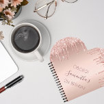 Birthday party rose gold drips notebook<br><div class="desc">A notebook for a girly and glamourous 21st (or any age) birthday. On front: rose gold background with drips, paint drip look. The text: The name is written in dark rose gold with a large modern hand lettered style script. Tempate for a date and age 21. planning and organizing. Back:...</div>